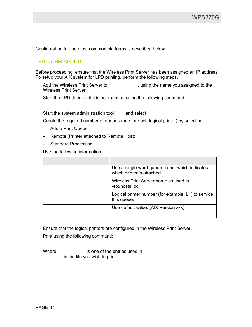 Lpd configuration, Lpd on ibm aix 4.15, User guide wps870g | Motorola WPS870G User Manual | Page 94 / 115