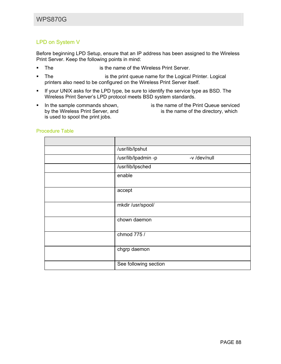 Lpd on system v, Procedure table, Wps870g user guide | Motorola WPS870G User Manual | Page 95 / 115