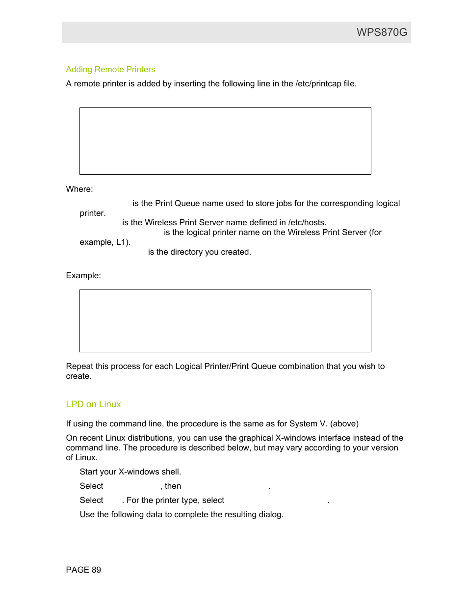 Adding remote printers, Lpd on linux, User guide wps870g | Motorola WPS870G User Manual | Page 96 / 115