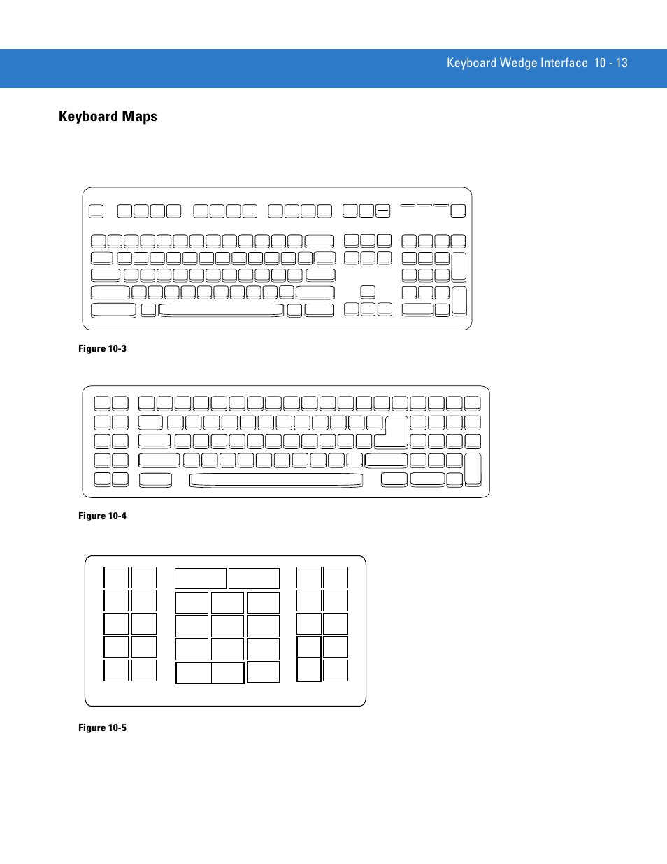 Keyboard maps, Keyboard maps -13, Keyboard wedge interface 10 - 13 | Ibm ps2 type keyboard, Ibm pc/at, Figure 10-3, Figure 10-4, Figure 10-5 | Motorola DIGITAL DS6708 User Manual | Page 151 / 458