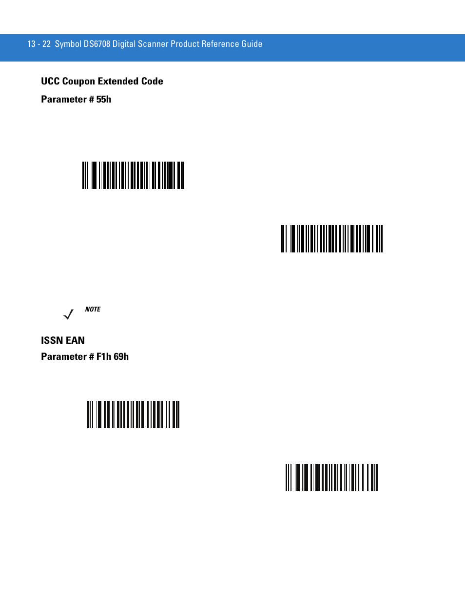 Ucc coupon extended code, Issn ean, Ucc coupon extended code -22 issn ean -22 | Ucc coupon extended code parameter # 55h, Issn ean parameter # f1h 69h | Motorola DIGITAL DS6708 User Manual | Page 198 / 458