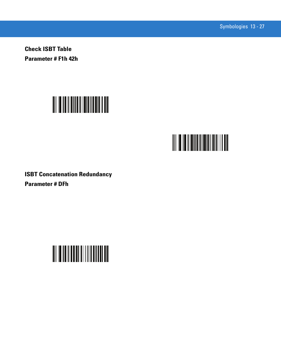 Check isbt table, Isbt concatenation redundancy, Check isbt table parameter # f1h 42h | Isbt concatenation redundancy parameter # dfh | Motorola DIGITAL DS6708 User Manual | Page 203 / 458