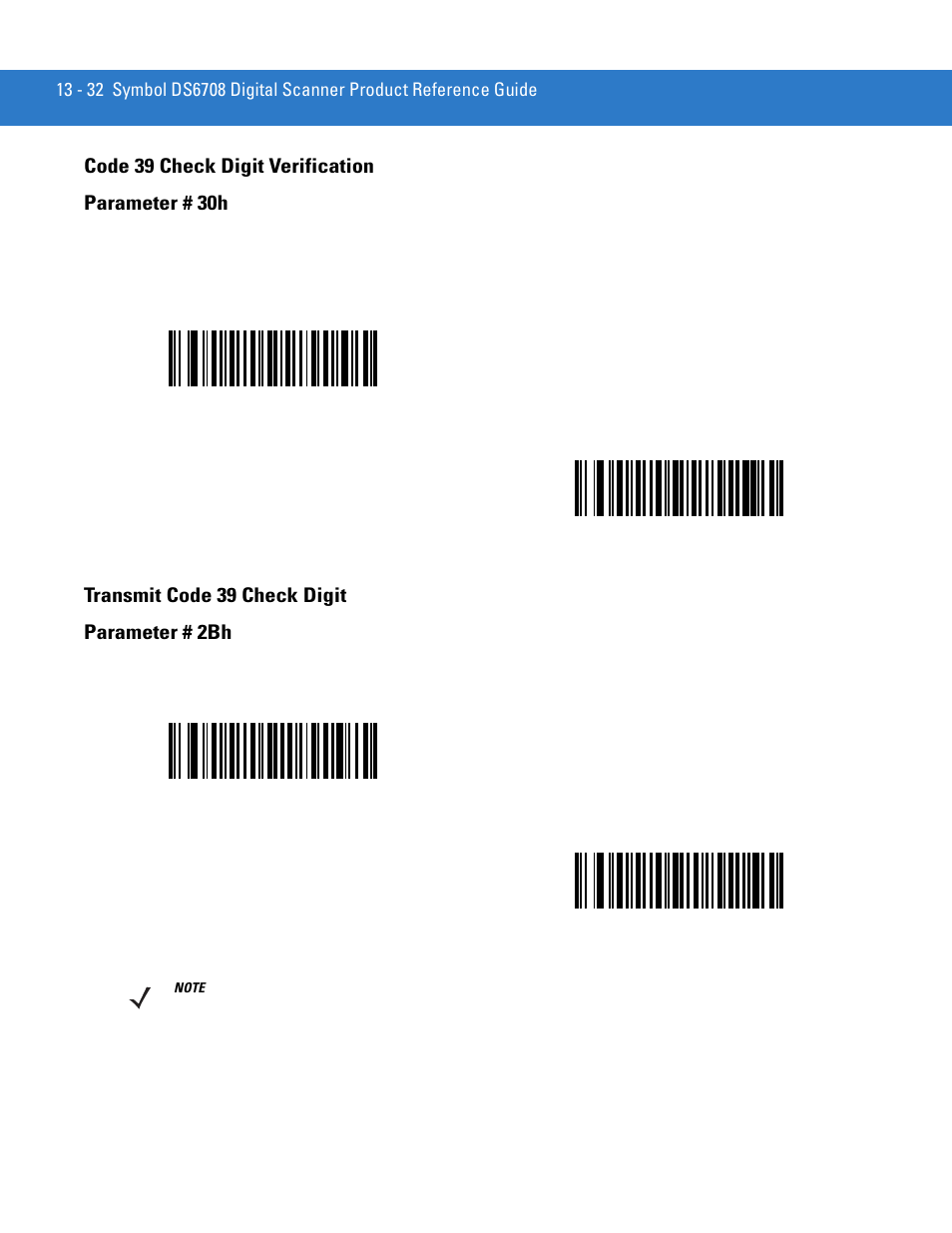 Code 39 check digit verification, Transmit code 39 check digit, Code 39 check digit verification parameter # 30h | Transmit code 39 check digit parameter # 2bh | Motorola DIGITAL DS6708 User Manual | Page 208 / 458