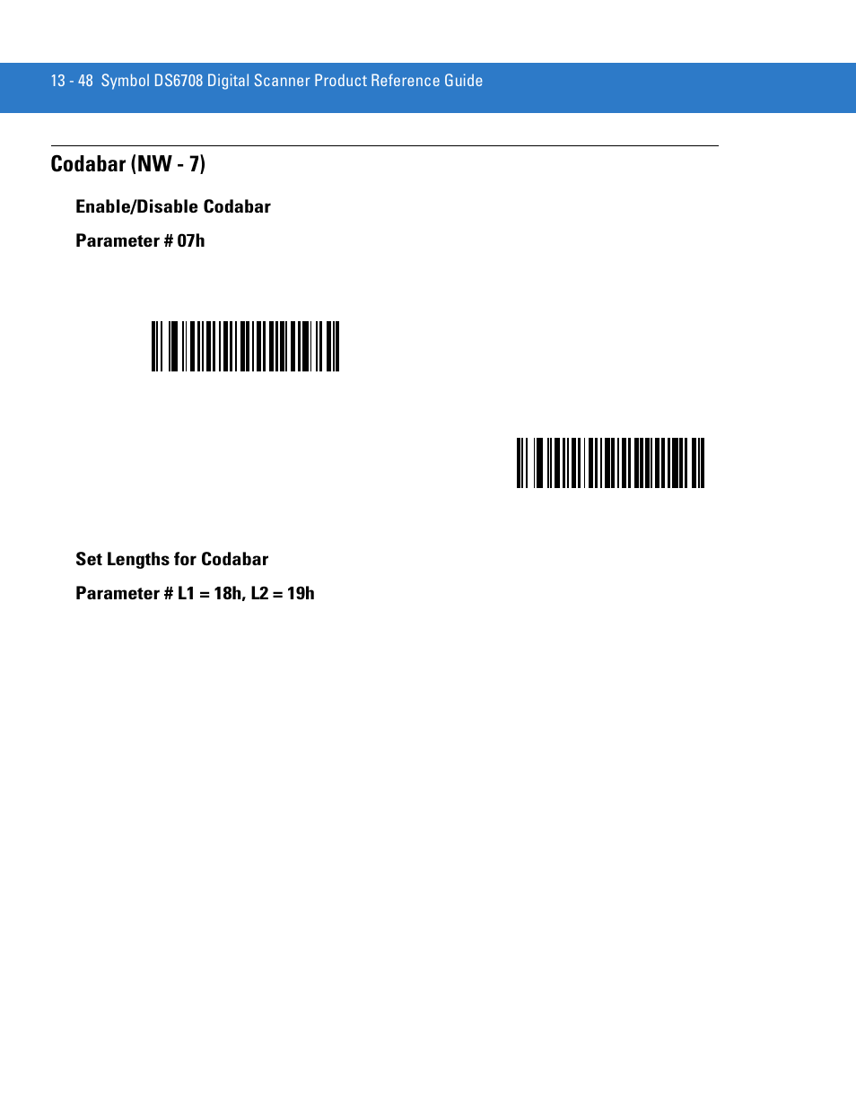 Codabar (nw - 7), Enable/disable codabar, Set lengths for codabar | Codabar (nw - 7) -48, Enable/disable codabar parameter # 07h | Motorola DIGITAL DS6708 User Manual | Page 224 / 458