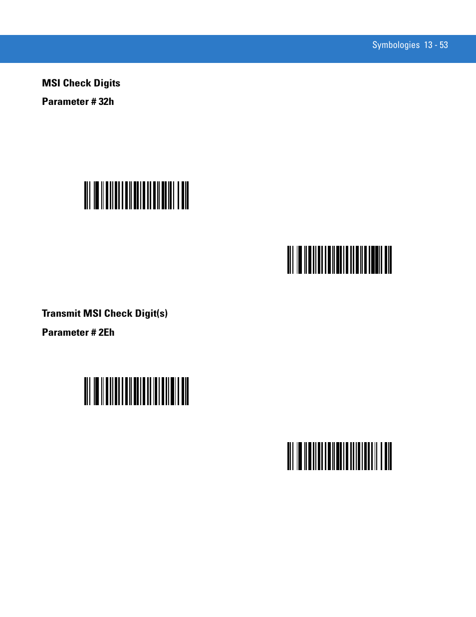 Msi check digits, Transmit msi check digit(s), Msi check digits parameter # 32h | Transmit msi check digit(s) parameter # 2eh | Motorola DIGITAL DS6708 User Manual | Page 229 / 458