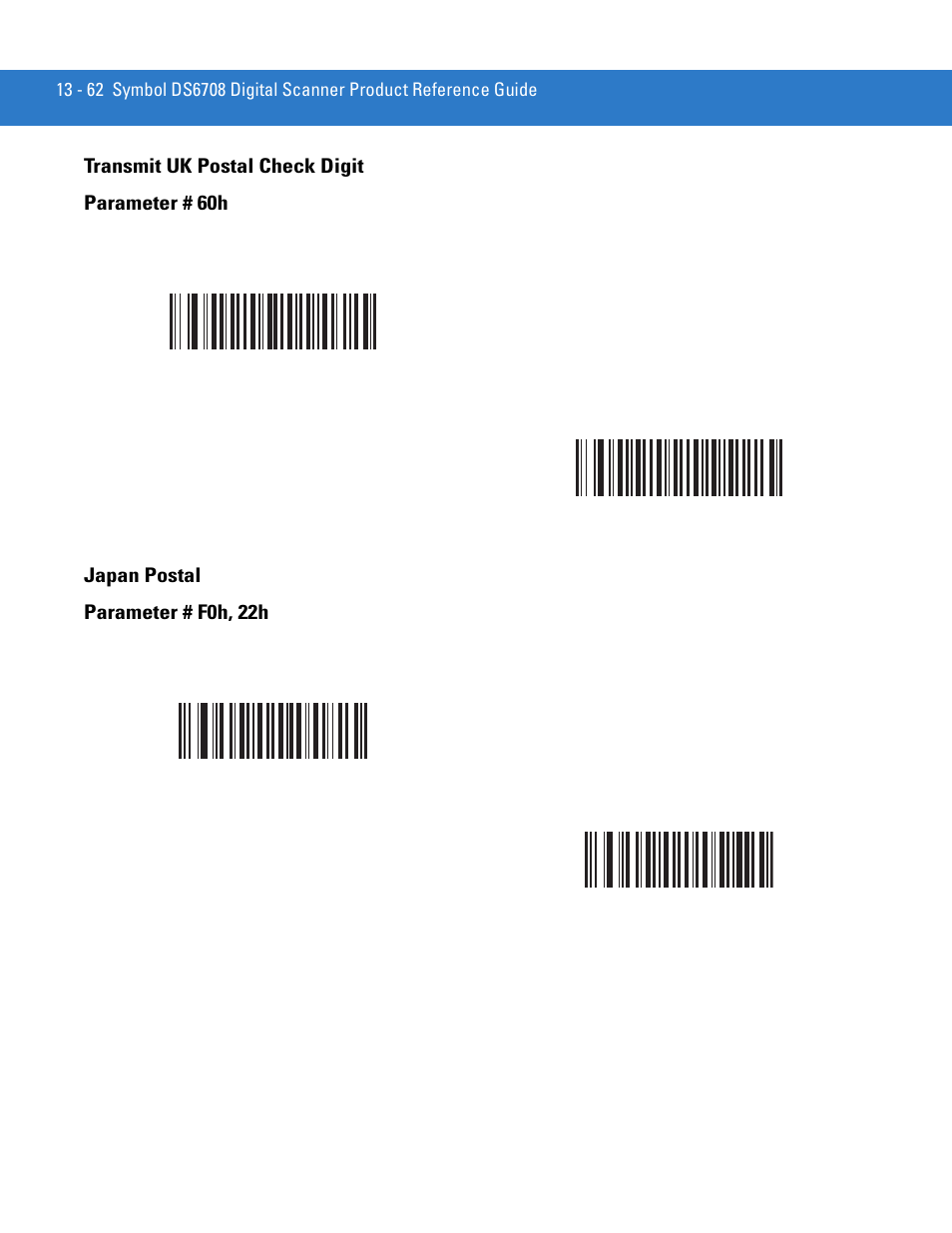 Transmit uk postal check digit, Japan postal, Transmit uk postal check digit parameter # 60h | Japan postal parameter # f0h, 22h | Motorola DIGITAL DS6708 User Manual | Page 238 / 458