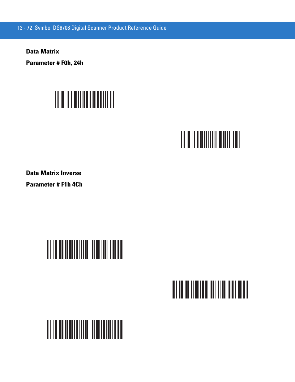 Data matrix, Data matrix inverse, Data matrix -72 data matrix inverse -72 | Data matrix parameter # f0h, 24h, Data matrix inverse parameter # f1h 4ch | Motorola DIGITAL DS6708 User Manual | Page 248 / 458