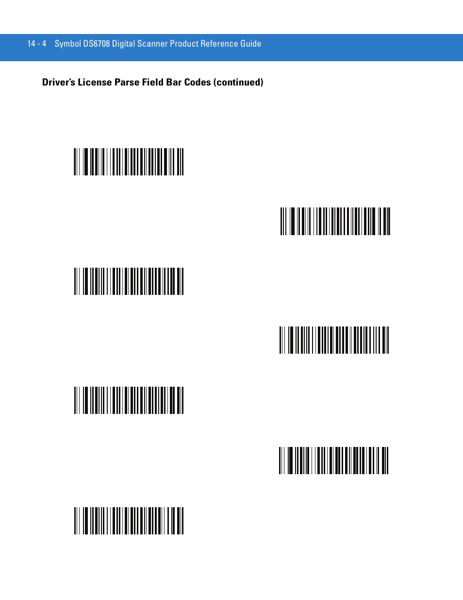 Driver’s license parse field bar codes (continued) | Motorola DIGITAL DS6708 User Manual | Page 262 / 458