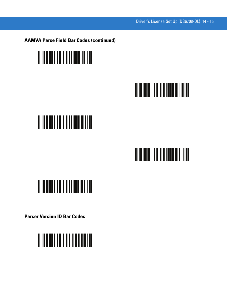 Aamva parse field bar codes (continued), Parser version id bar codes | Motorola DIGITAL DS6708 User Manual | Page 273 / 458