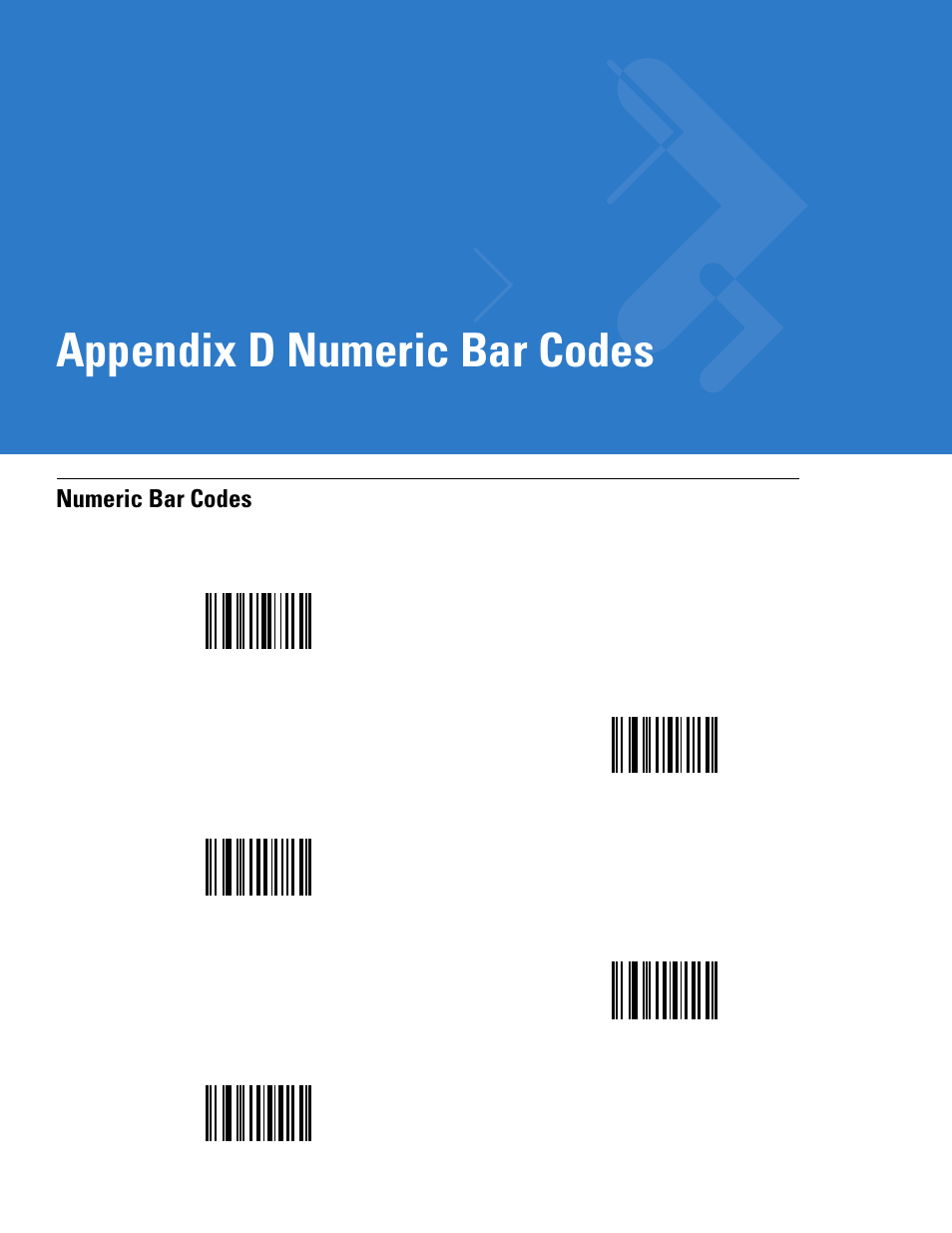 Numeric bar codes, Appendix d: numeric bar codes, Appendix d, numeric bar codes | Appendix d, Appendix d numeric bar codes | Motorola DIGITAL DS6708 User Manual | Page 425 / 458