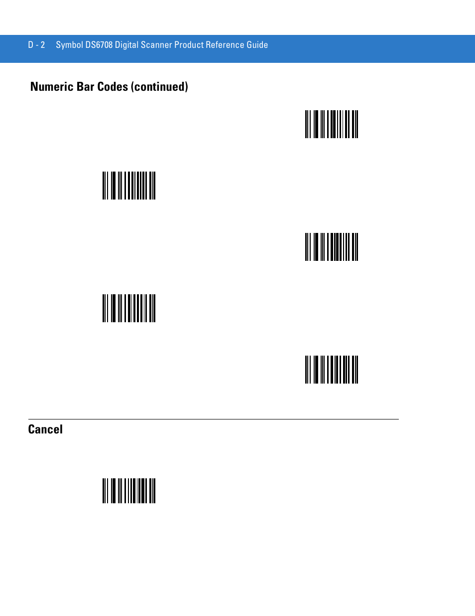 Cancel, Scan, Cancel on | Numeric bar codes (continued) | Motorola DIGITAL DS6708 User Manual | Page 426 / 458