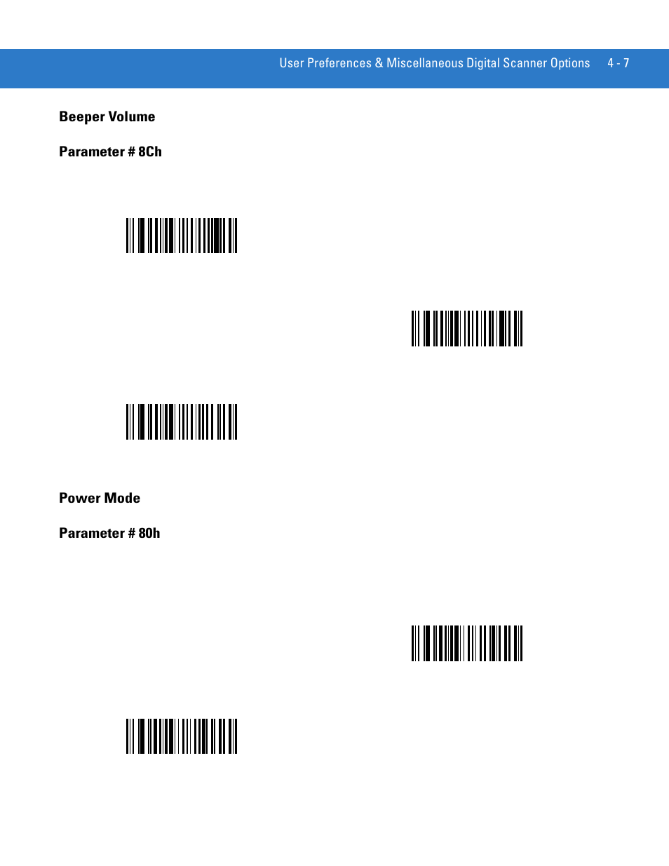 Beeper volume, Power mode, Beeper volume -7 power mode -7 | Beeper volume parameter # 8ch, Power mode parameter # 80h | Motorola DIGITAL DS6708 User Manual | Page 53 / 458