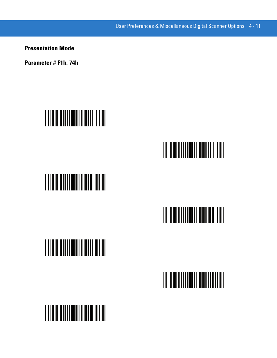 Presentation mode, Presentation mode -11, Presentation mode parameter # f1h, 74h | Motorola DIGITAL DS6708 User Manual | Page 57 / 458