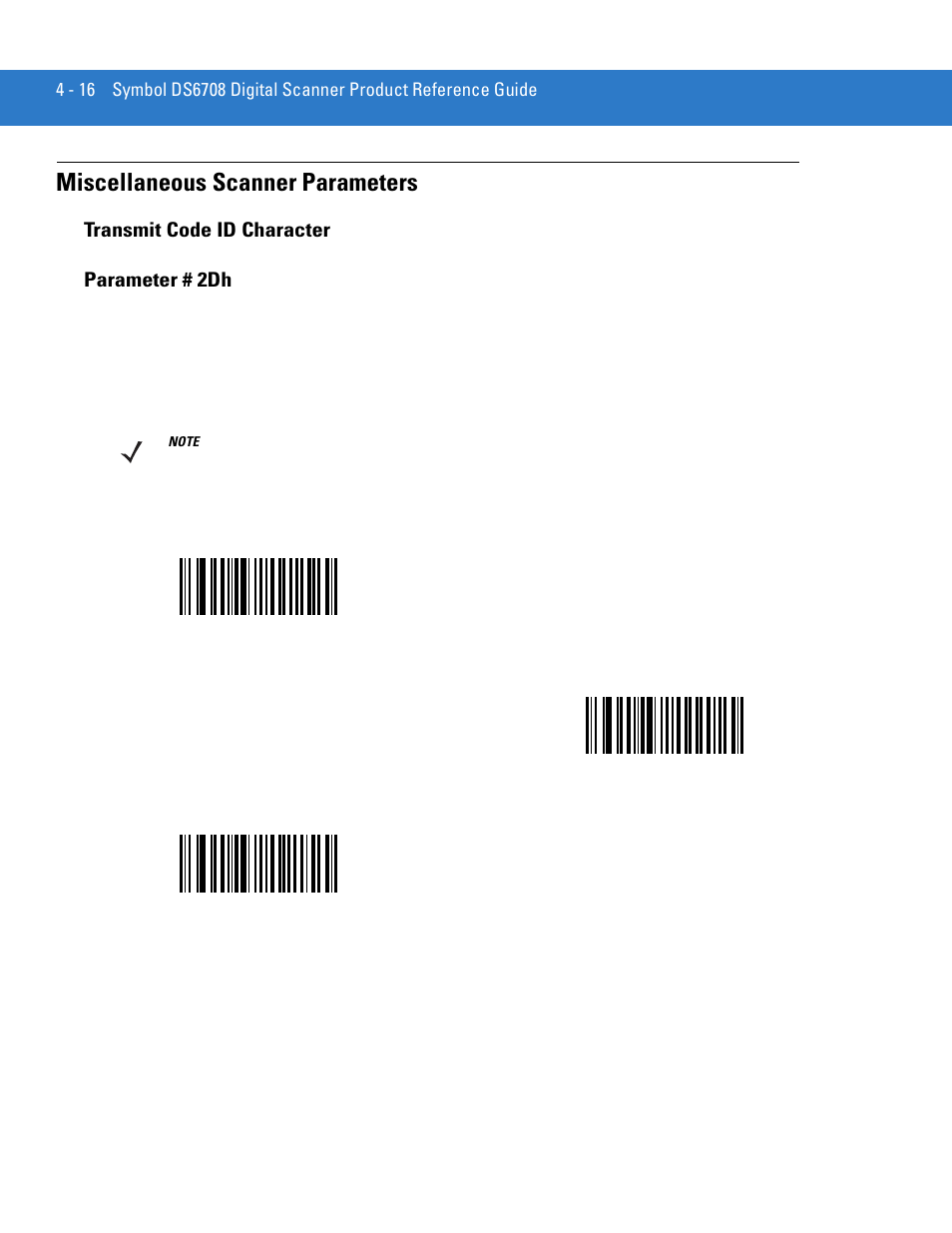 Miscellaneous scanner parameters, Transmit code id character, Miscellaneous scanner parameters -16 | Transmit code id character -16, Transmit code id character parameter # 2dh | Motorola DIGITAL DS6708 User Manual | Page 62 / 458