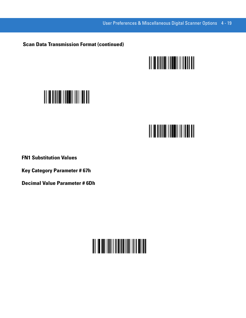 Fn1 substitution values, Fn1 substitution values -19, Scan data transmission format (continued) | Motorola DIGITAL DS6708 User Manual | Page 65 / 458