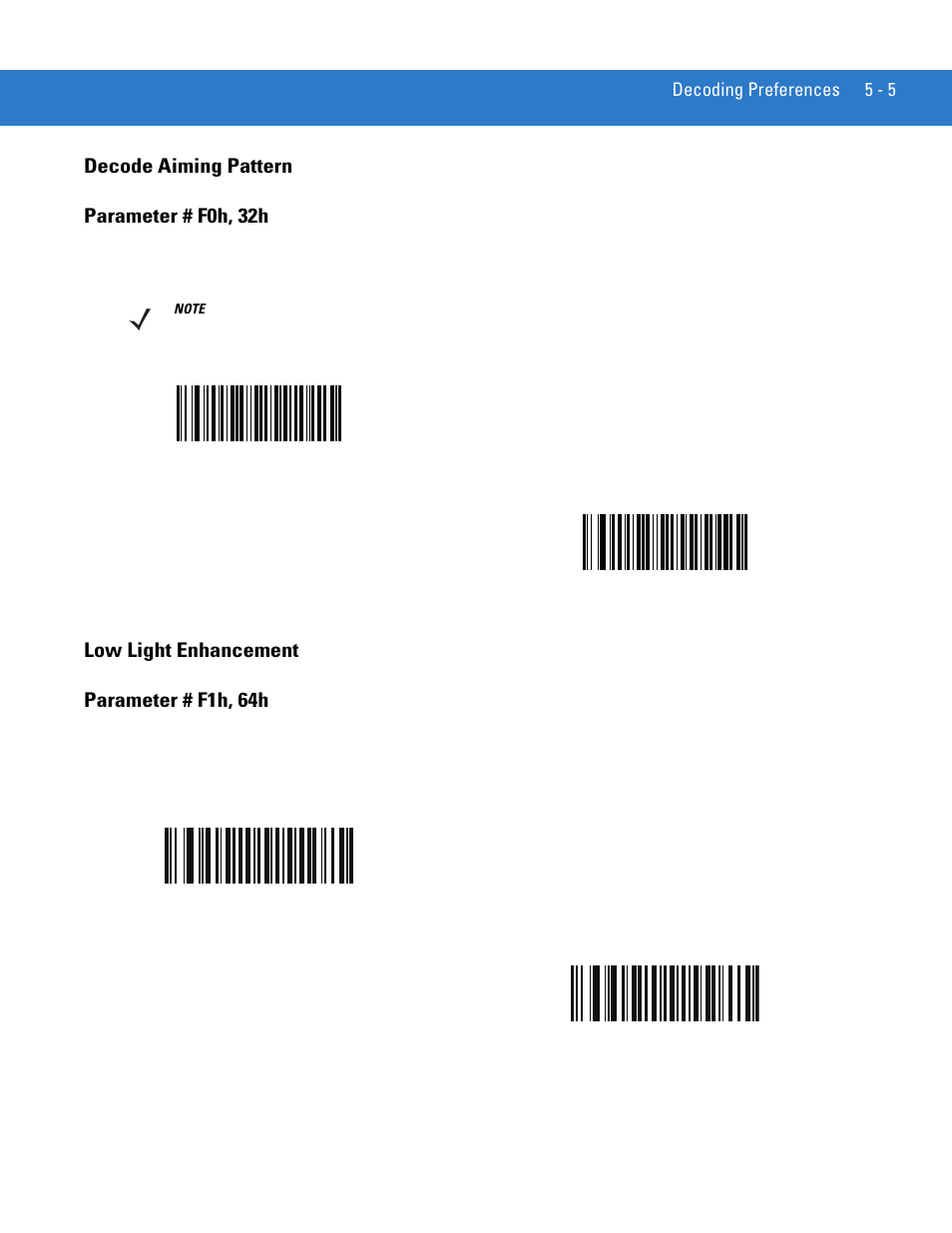 Decode aiming pattern, Low light enhancement, Decode aiming pattern -5 low light enhancement -5 | Decode, Decode aiming pattern parameter # f0h, 32h, Low light enhancement parameter # f1h, 64h | Motorola DIGITAL DS6708 User Manual | Page 73 / 458