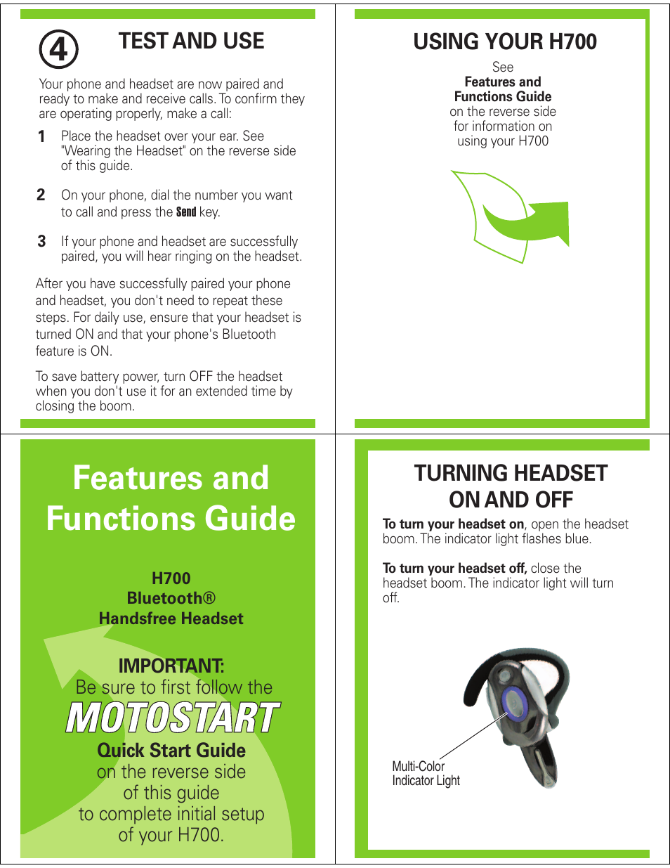 Features and functions guide, Test and use, Using your h700 | Turning headset on and off | Motorola Bluetooth Handsfree Headset H700 User Manual | Page 3 / 5