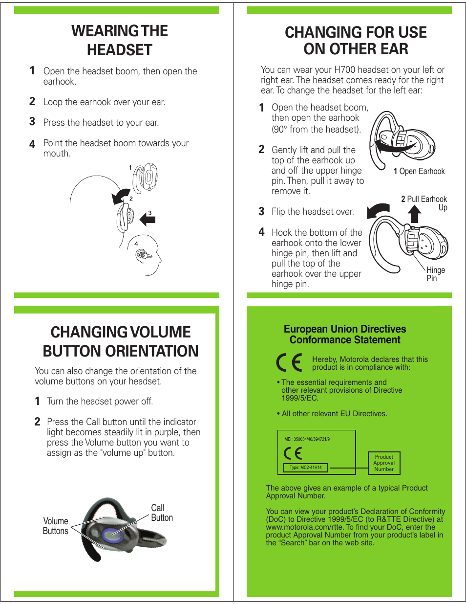 Wearing the headset, Changing for use on other ear, Changing volume button orientation | Motorola Bluetooth Handsfree Headset H700 User Manual | Page 4 / 5