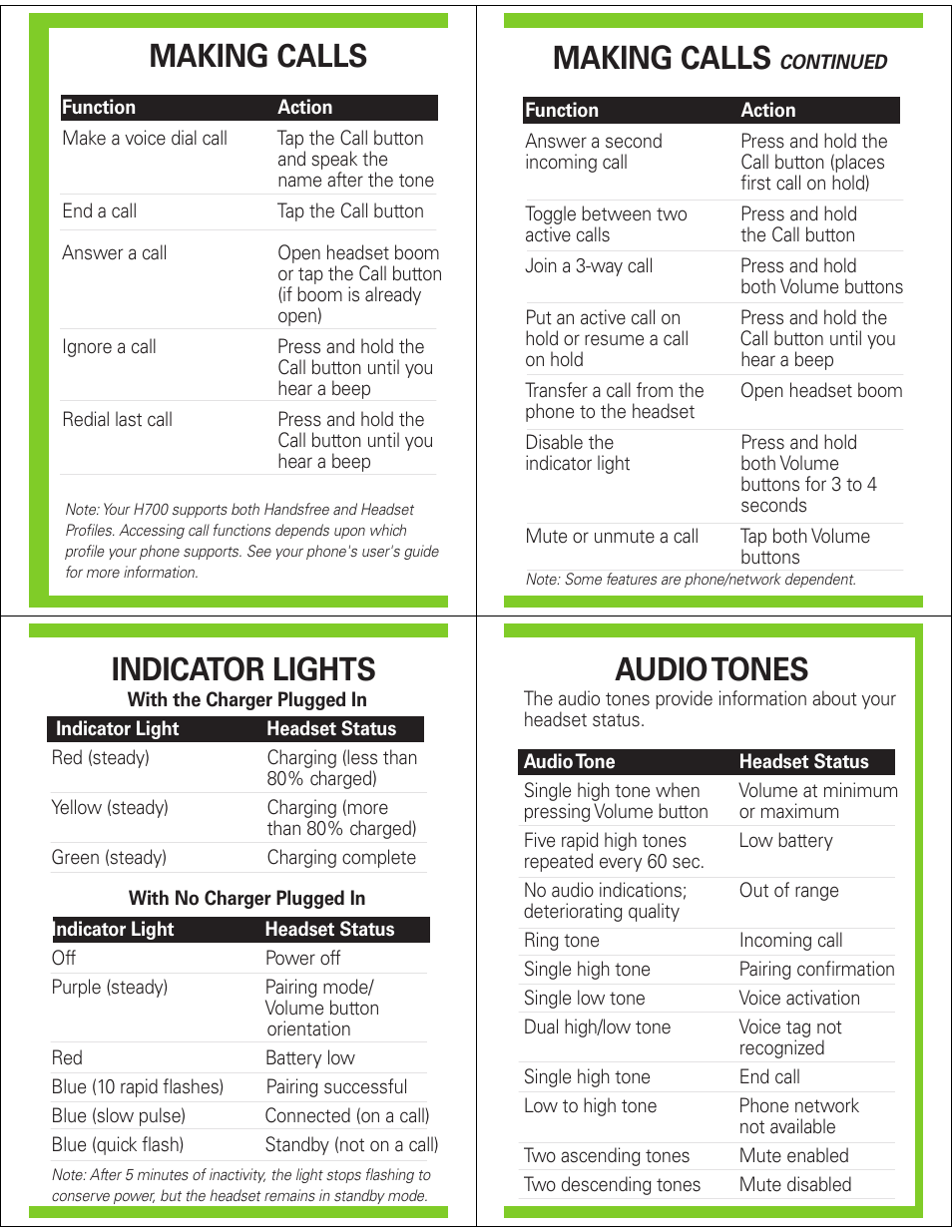 Making calls, Indicator lights, Audio tones | Motorola Bluetooth Handsfree Headset H700 User Manual | Page 5 / 5