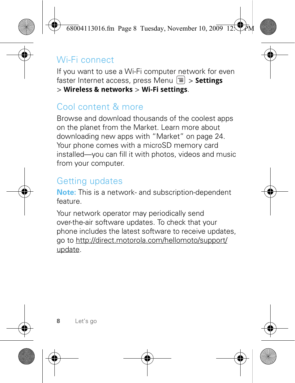 Wi-fi connect, Cool content & more, Getting updates | Motorola 68004113016 User Manual | Page 10 / 68