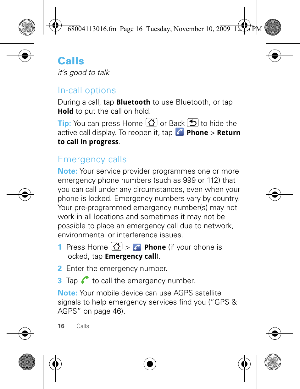 Calls, In-call options, Emergency calls | Motorola 68004113016 User Manual | Page 18 / 68