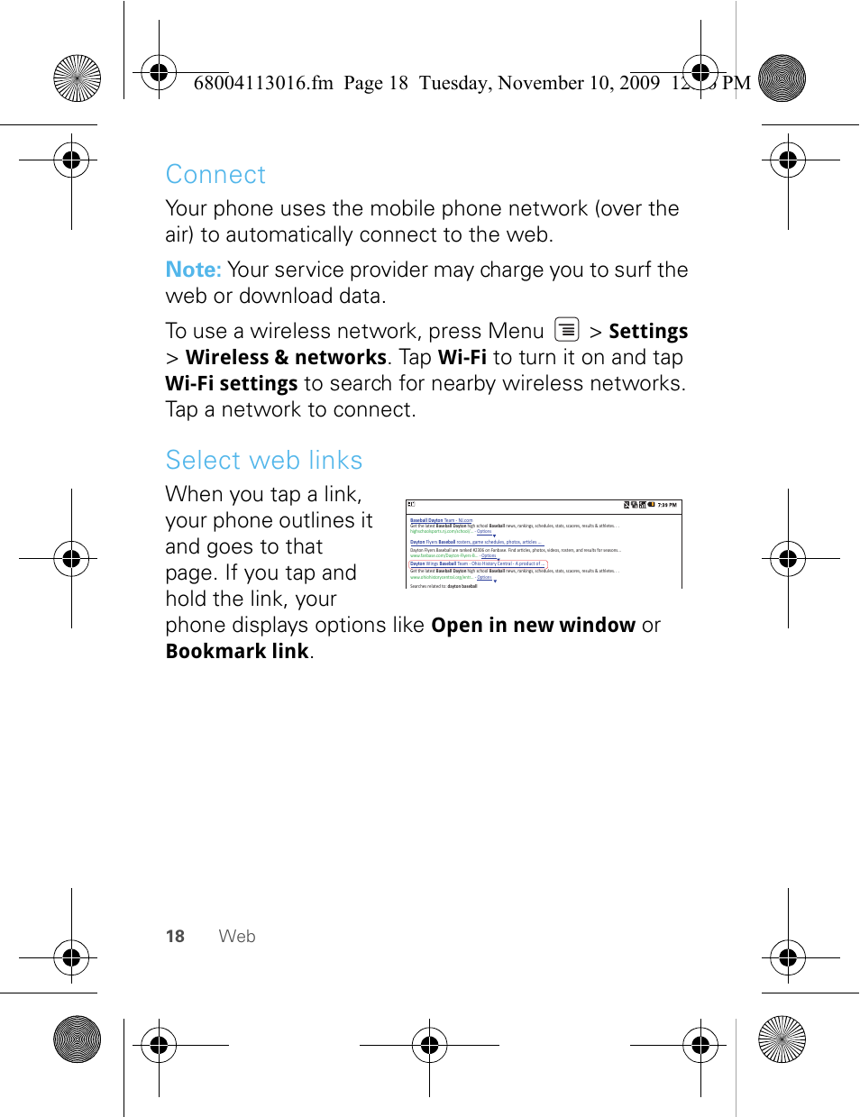 Connect, Select web links, Settings | Wireless & networks, Wi-fi, Wi-fi settings, Open in new window, Bookmark link | Motorola 68004113016 User Manual | Page 20 / 68