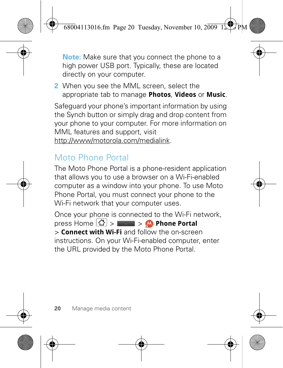 Moto phone portal | Motorola 68004113016 User Manual | Page 22 / 68