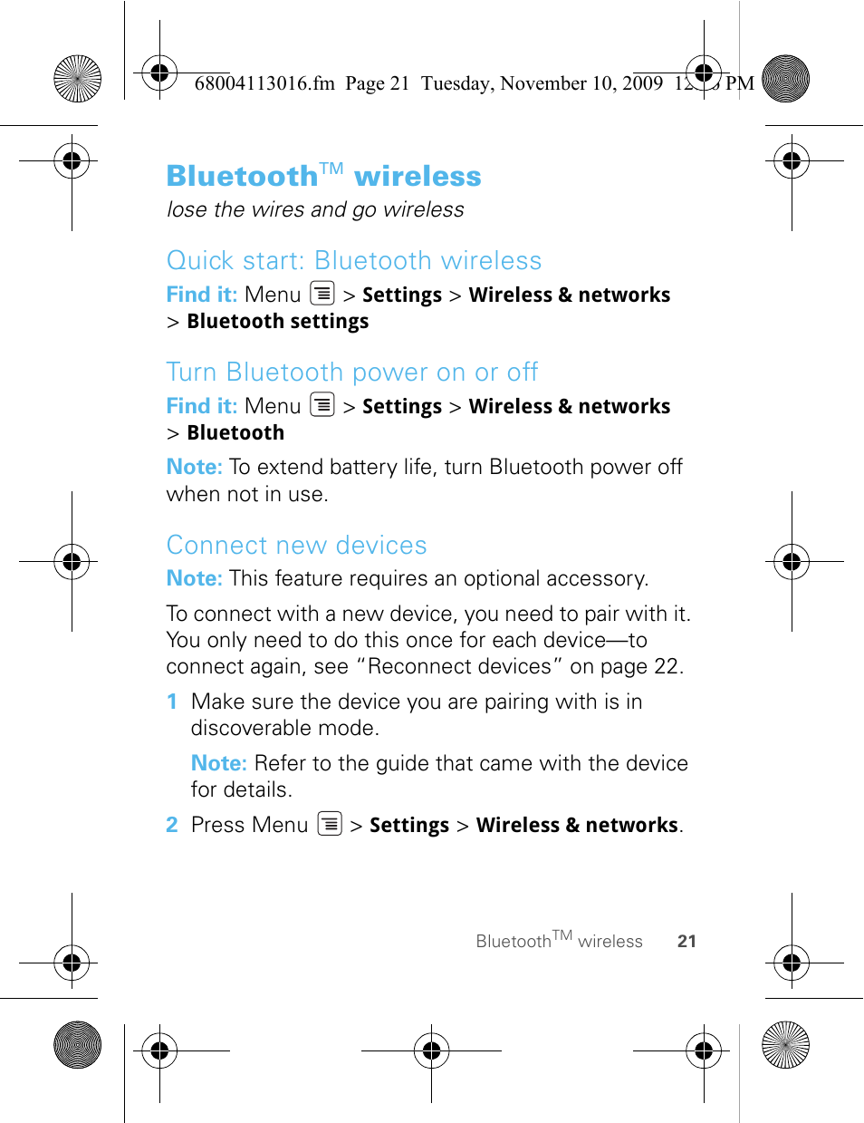 Bluetooth, Wireless, Quick start: bluetooth wireless | Turn bluetooth power on or off, Connect new devices | Motorola 68004113016 User Manual | Page 23 / 68