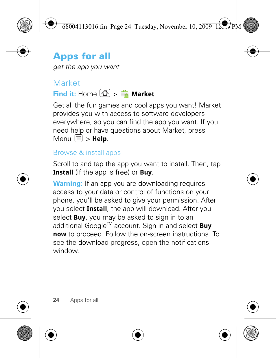 Apps for all, Market | Motorola 68004113016 User Manual | Page 26 / 68