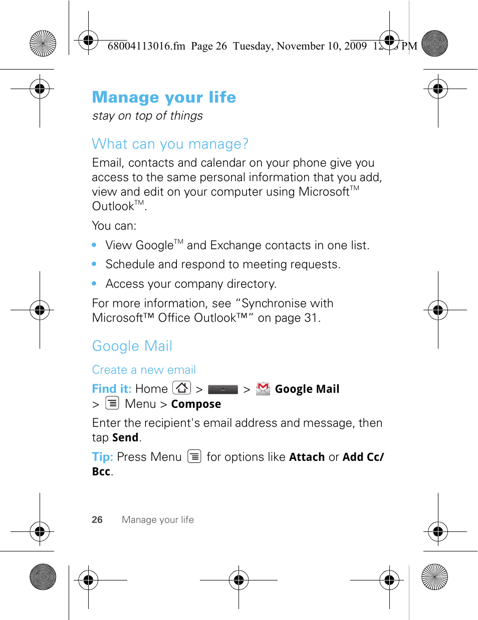 Manage your life, What can you manage, Google mail | Motorola 68004113016 User Manual | Page 28 / 68