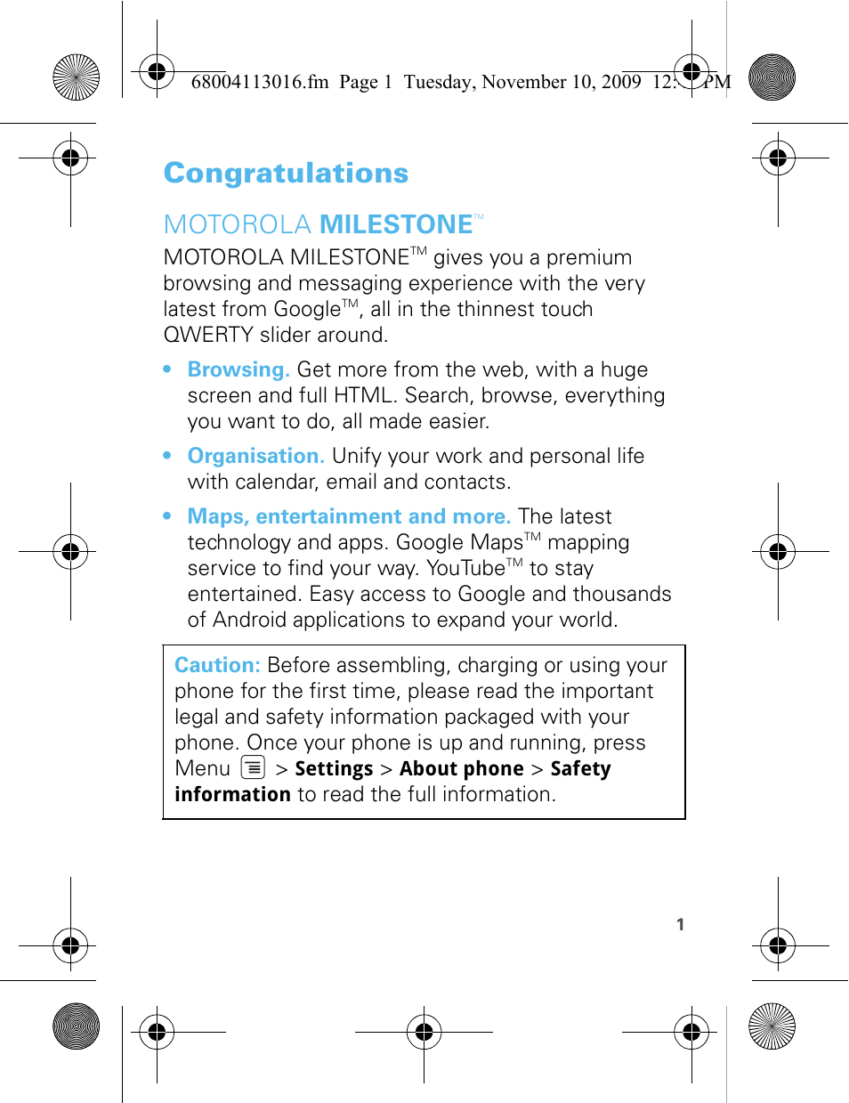 Motorola milestone | Motorola 68004113016 User Manual | Page 3 / 68