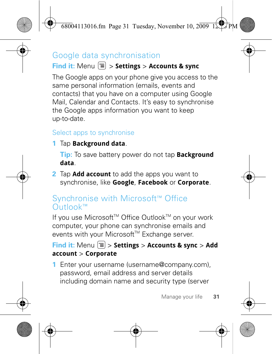 Google data synchronisation, Synchronise with microsoft, Office outlook | Motorola 68004113016 User Manual | Page 33 / 68