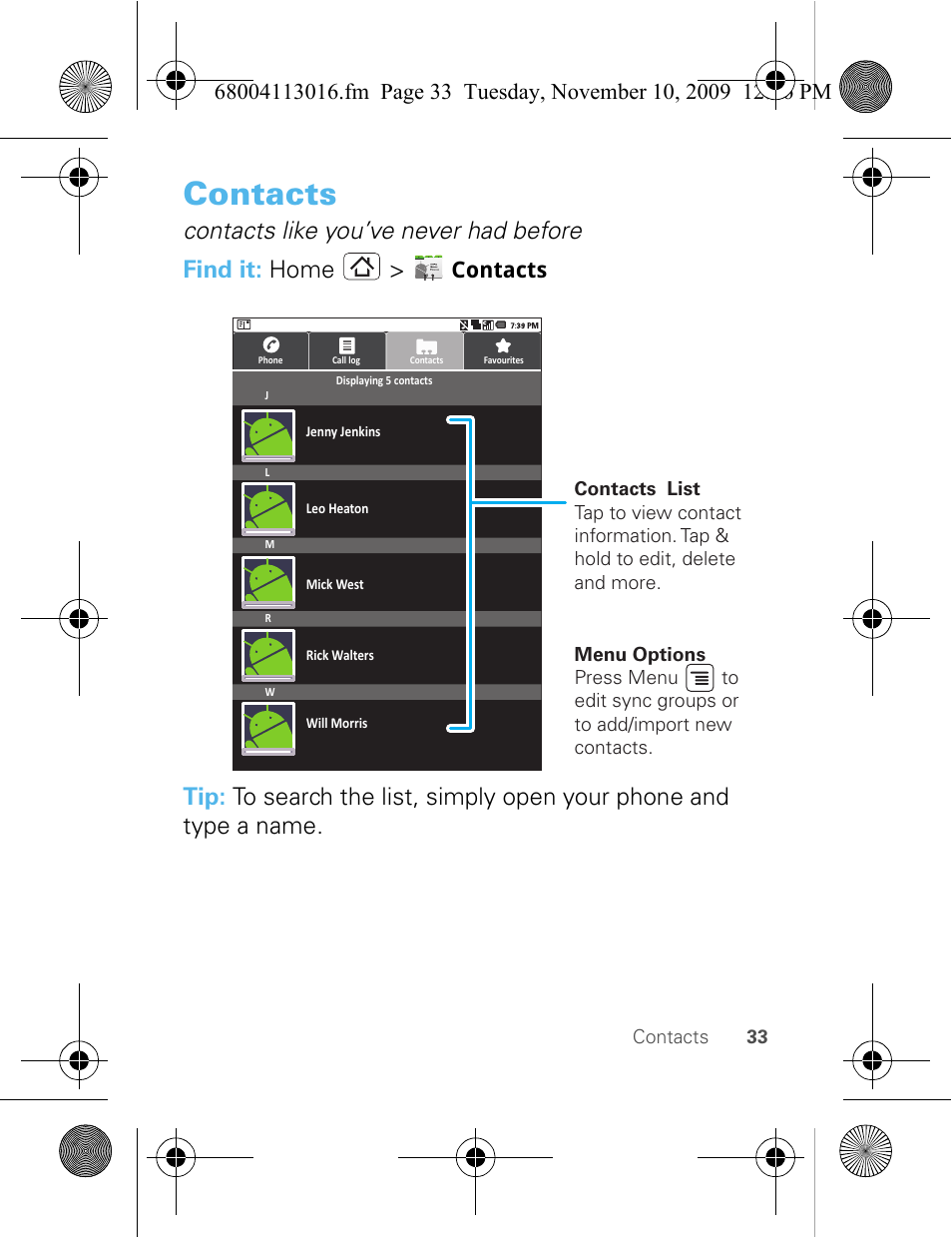 Contacts | Motorola 68004113016 User Manual | Page 35 / 68
