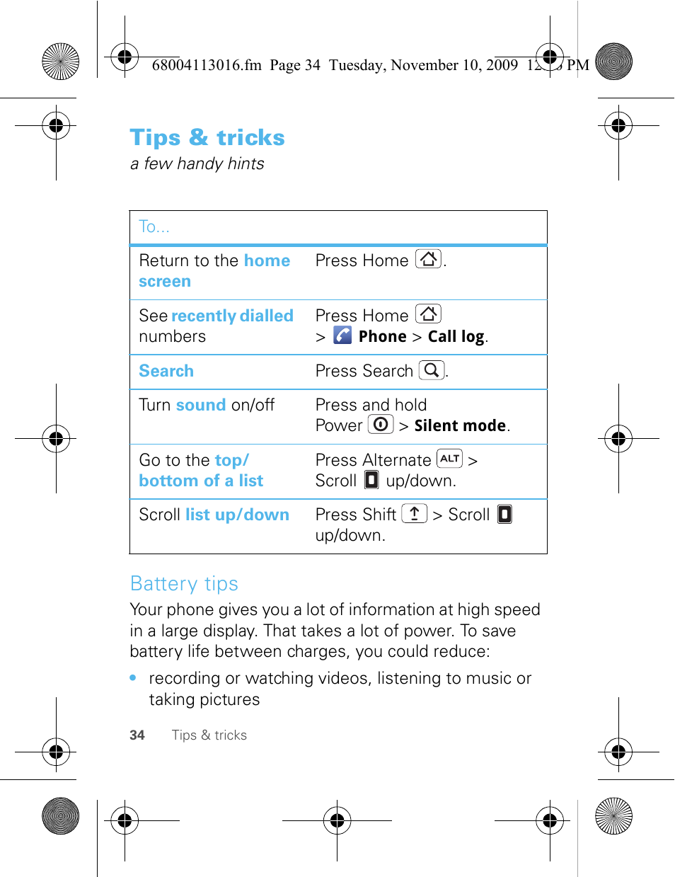 Tips & tricks, Battery tips | Motorola 68004113016 User Manual | Page 36 / 68
