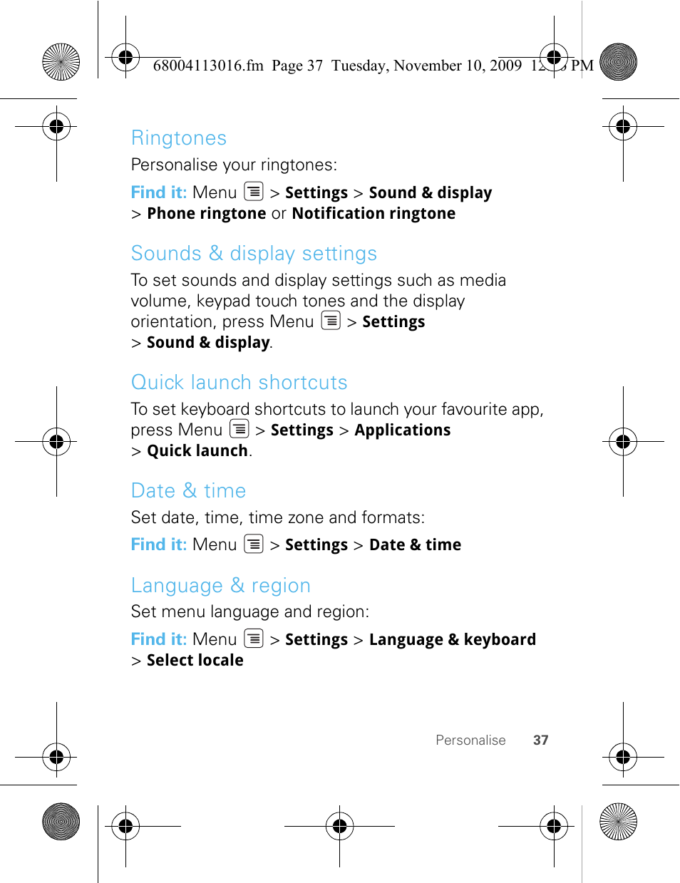 Ringtones, Sounds & display settings, Quick launch shortcuts | Date & time, Language & region | Motorola 68004113016 User Manual | Page 39 / 68