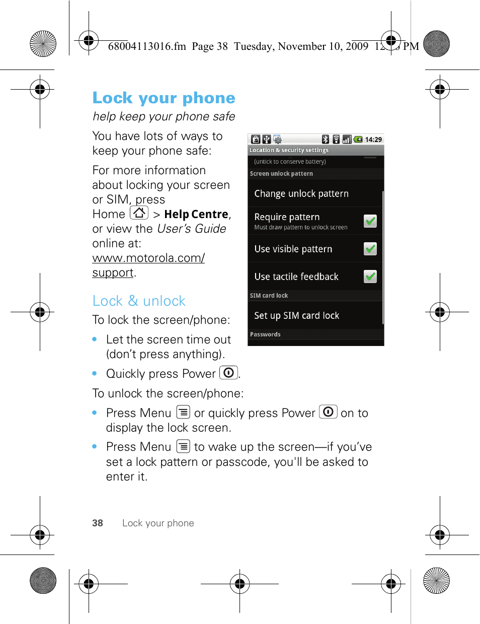 Lock your phone, Lock & unlock | Motorola 68004113016 User Manual | Page 40 / 68