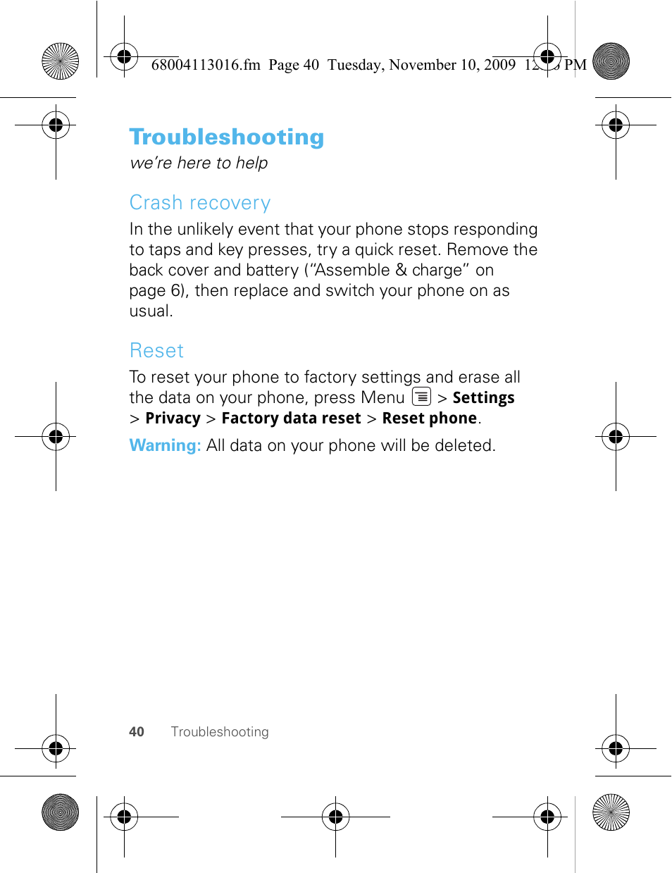 Troubleshooting, Crash recovery, Reset | Motorola 68004113016 User Manual | Page 42 / 68