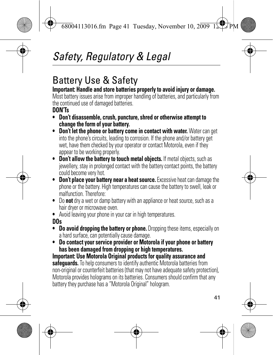 Safety, regulatory & legal, Battery use & safety | Motorola 68004113016 User Manual | Page 43 / 68