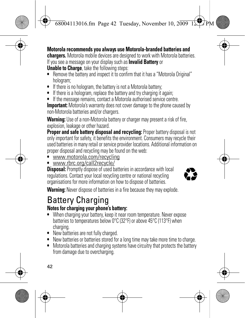 Battery charging | Motorola 68004113016 User Manual | Page 44 / 68