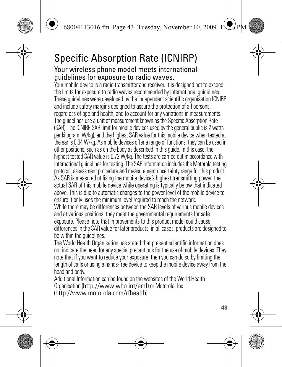 Specific absorption rate (icnirp) | Motorola 68004113016 User Manual | Page 45 / 68