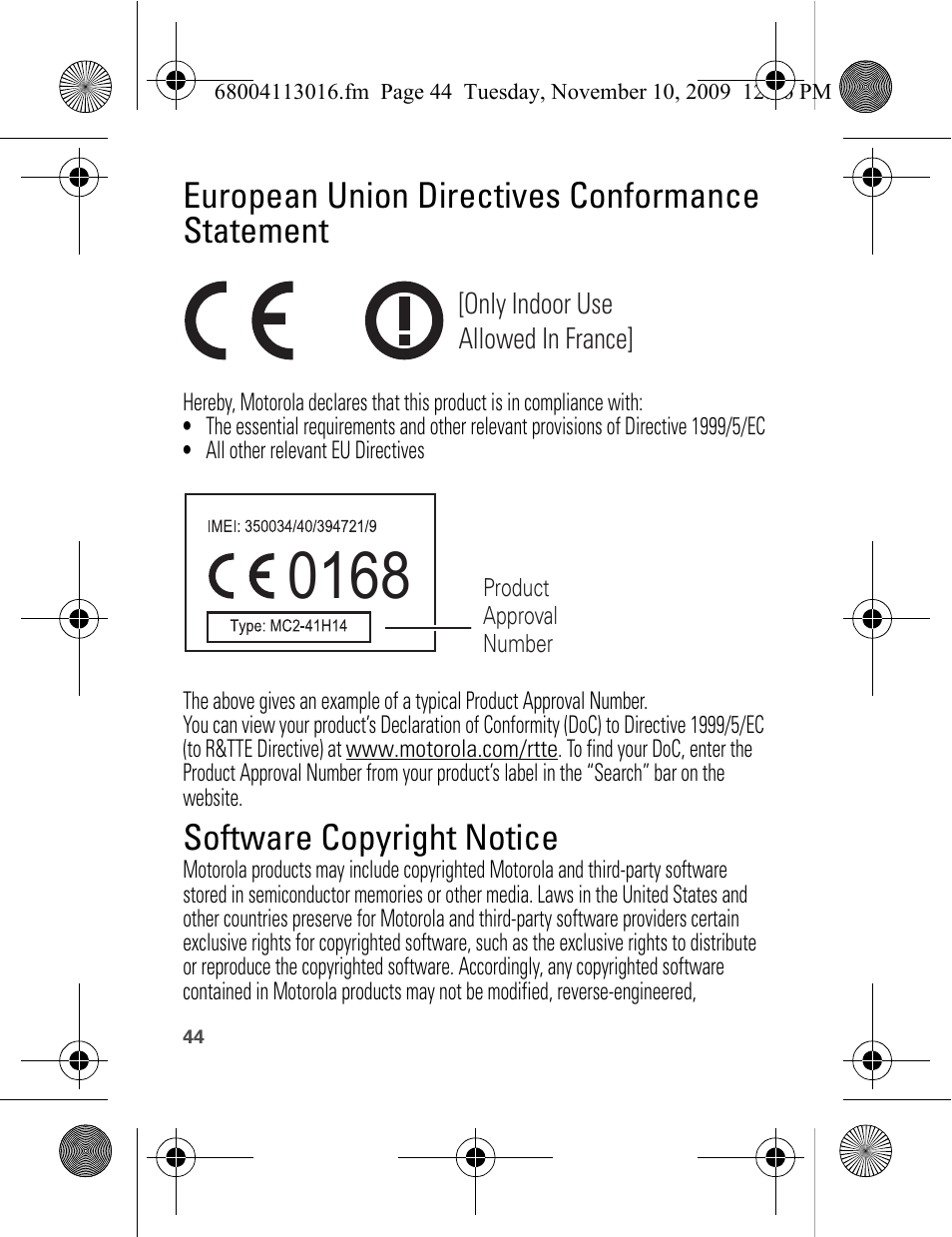 European union directives conformance statement, Software copyright notice | Motorola 68004113016 User Manual | Page 46 / 68