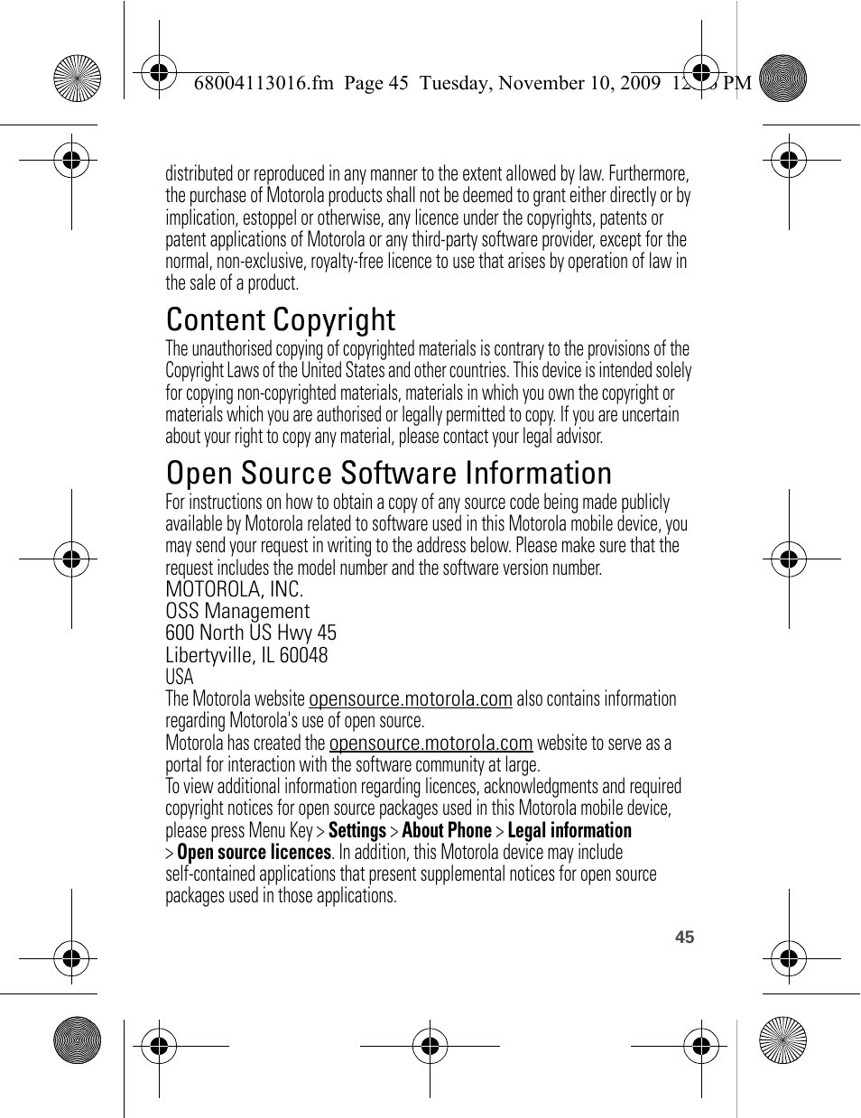 Content copyright, Open source software information | Motorola 68004113016 User Manual | Page 47 / 68