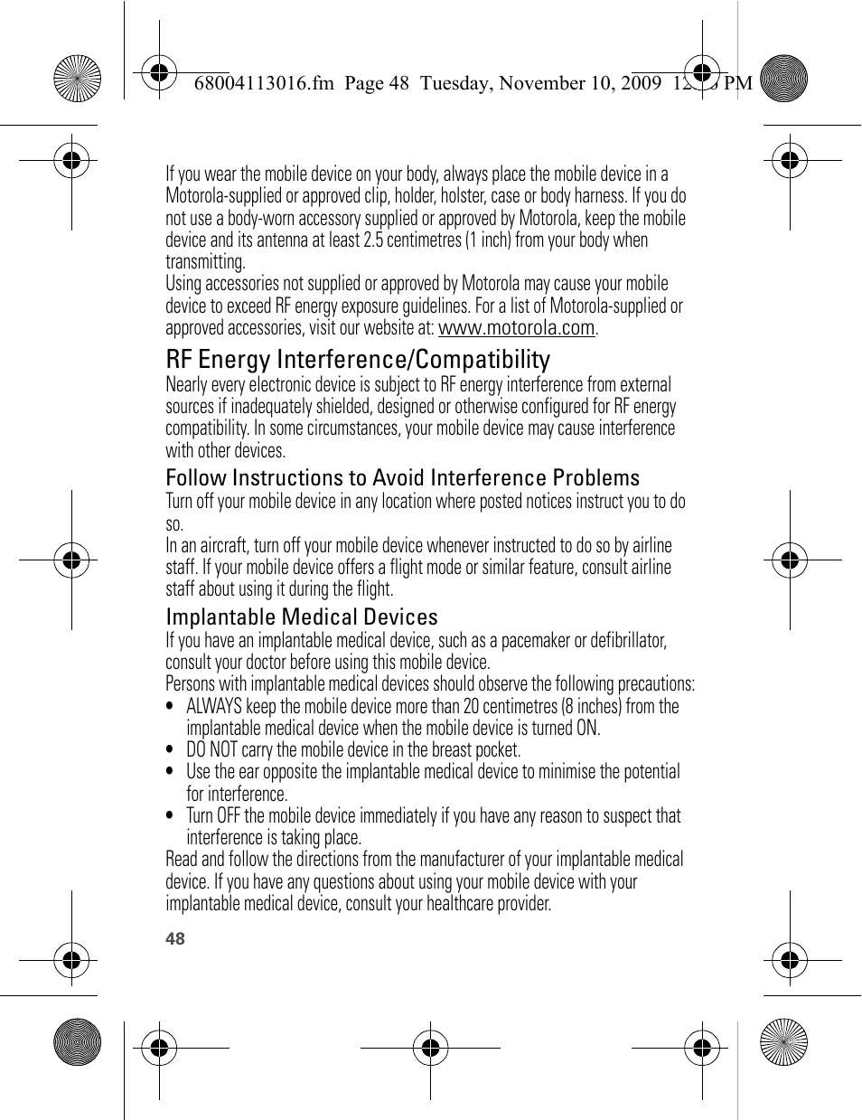 Rf energy interference/compatibility | Motorola 68004113016 User Manual | Page 50 / 68