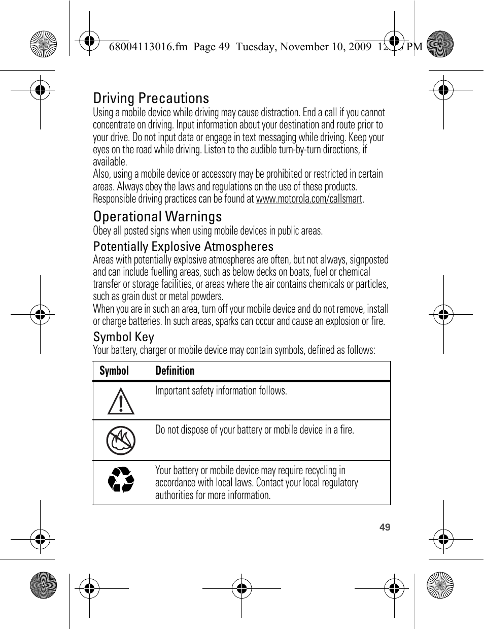 Driving precautions, Operational warnings | Motorola 68004113016 User Manual | Page 51 / 68