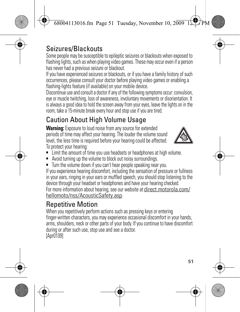 Seizures/blackouts, Caution about high volume usage, Repetitive motion | Motorola 68004113016 User Manual | Page 53 / 68