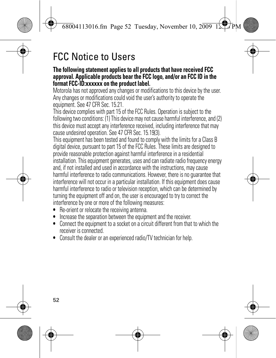 Fcc notice to users | Motorola 68004113016 User Manual | Page 54 / 68