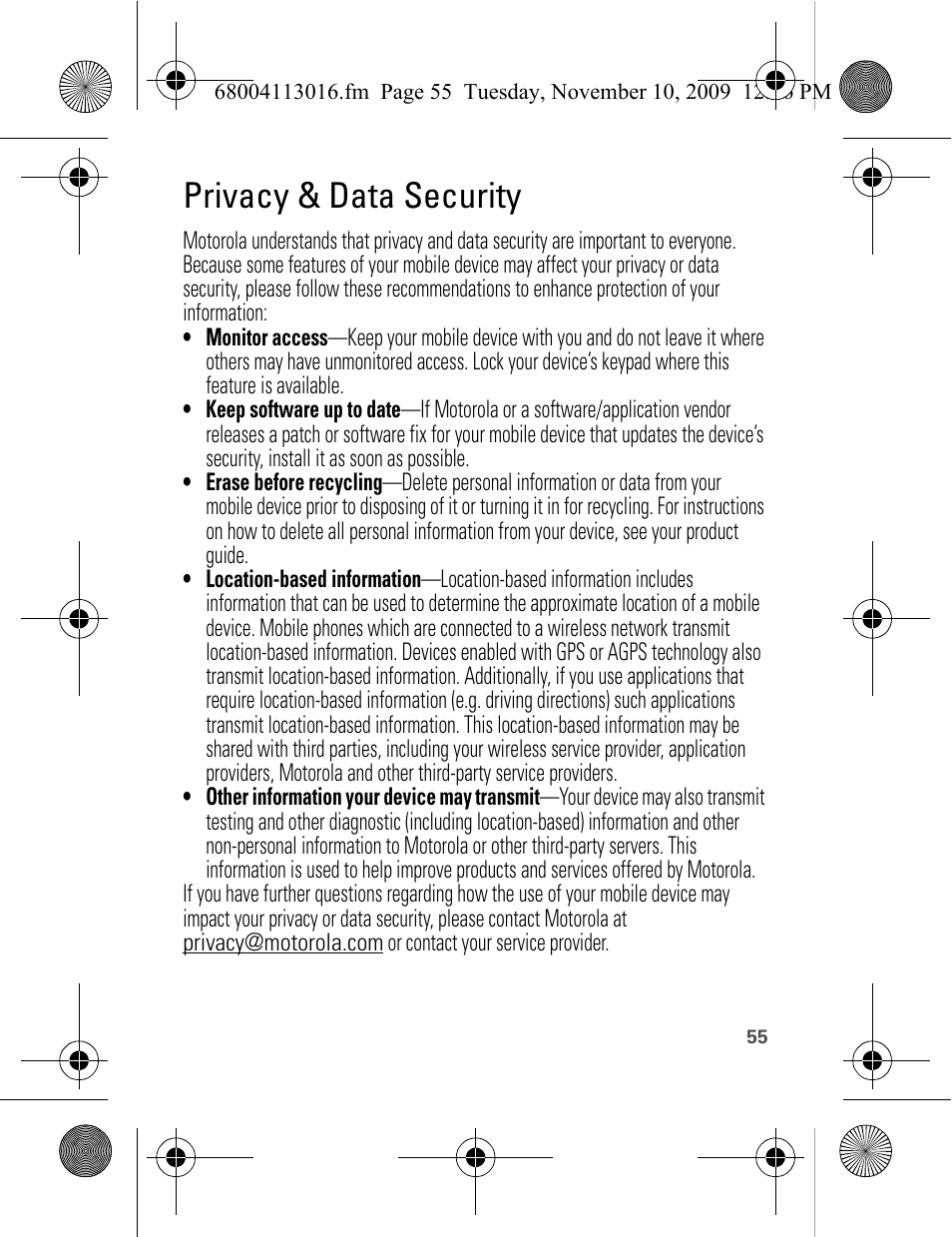 Privacy & data security | Motorola 68004113016 User Manual | Page 57 / 68