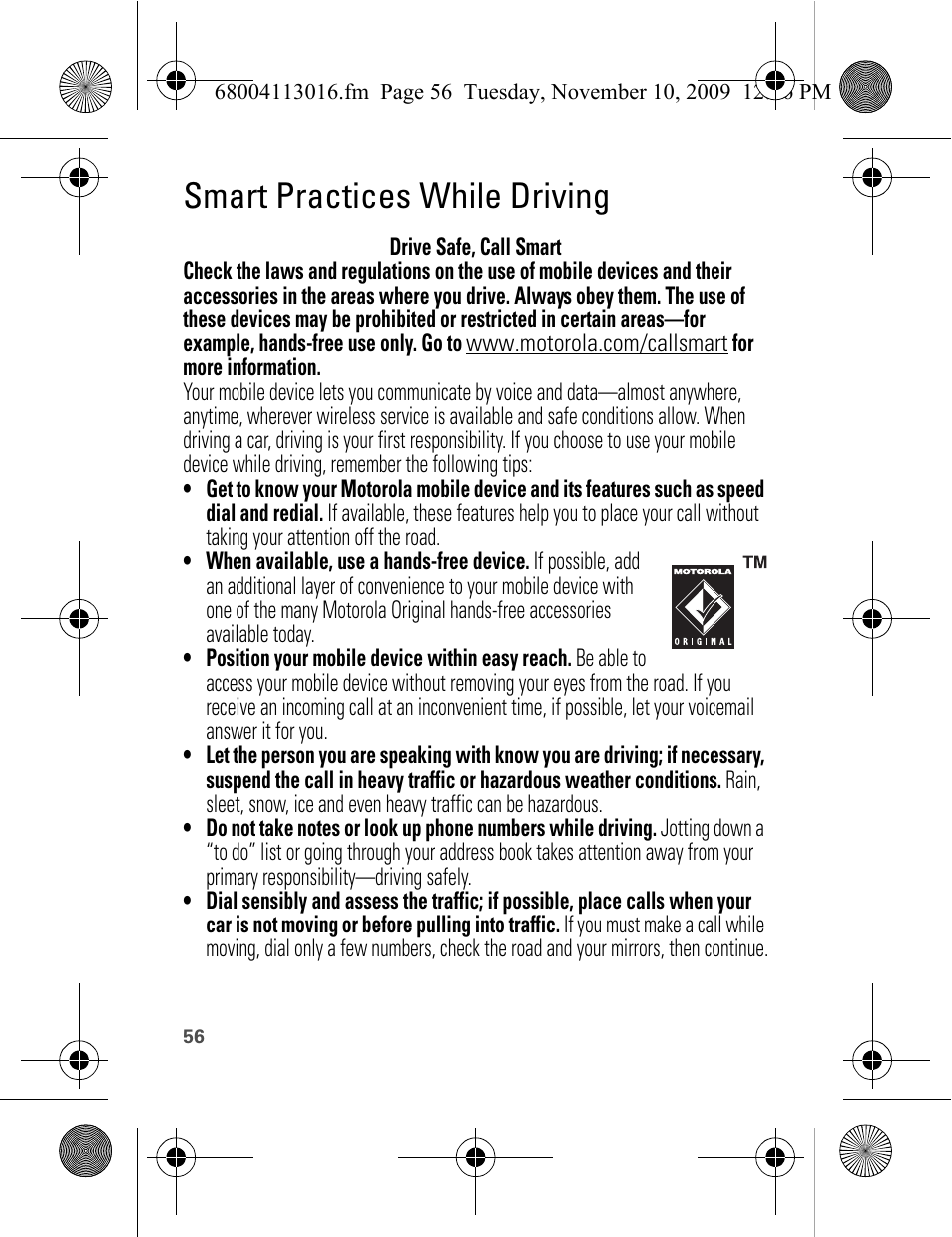 Smart practices while driving | Motorola 68004113016 User Manual | Page 58 / 68