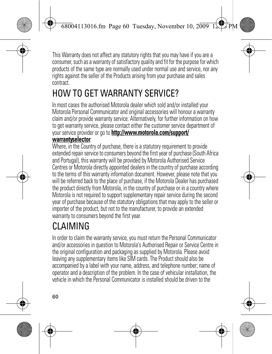 How to get warranty service, Claiming | Motorola 68004113016 User Manual | Page 62 / 68