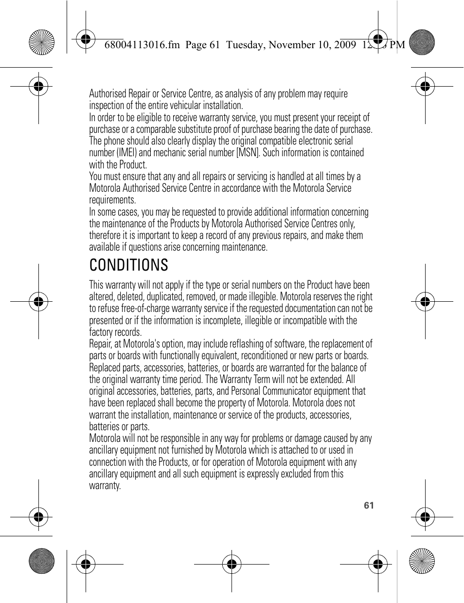 Conditions | Motorola 68004113016 User Manual | Page 63 / 68